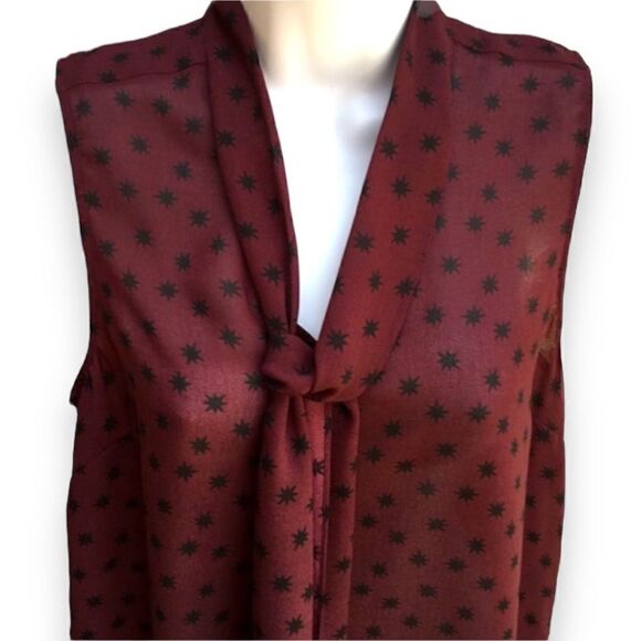 Halogen Sheer Maroon Black Starburst V-Neck Tie Sleeveless Blouse - Picture 3 of 9